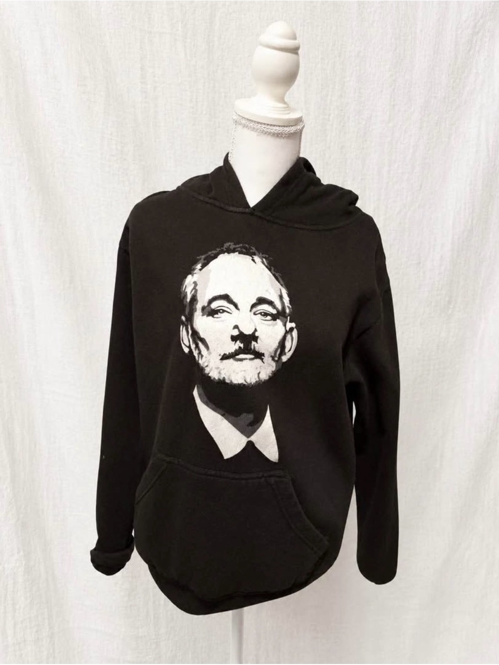 Black Graphic Hoodie Shirt with Monochrome Portrait